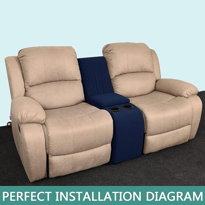 YEMYHOM Additional Recliner Console Cover for Couch with Cup Holder and Storage, Latest Jacquard Middle Reclining Console Slipcover Fitted Furniture Protector with Elastic Bottom (Navy Blue)