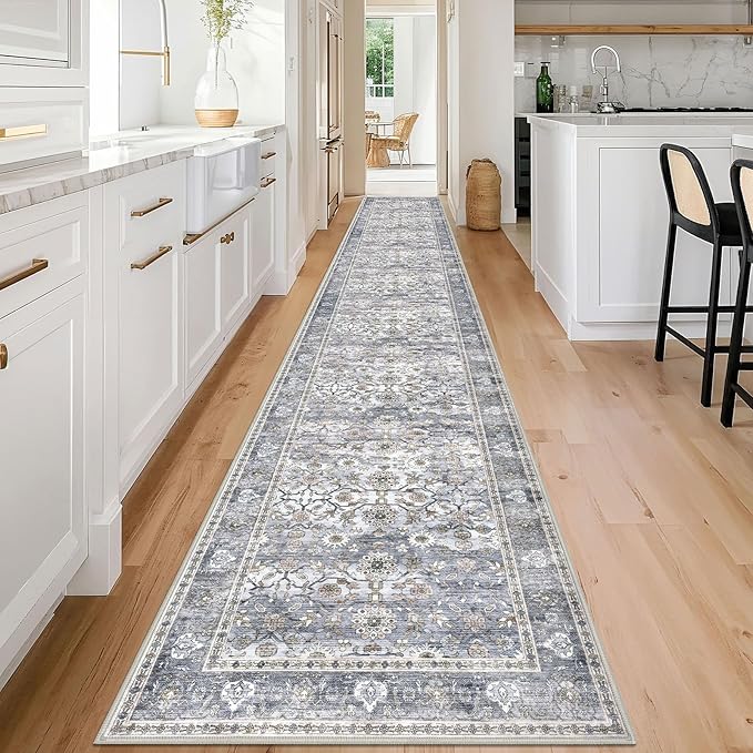 KUTA Vintage Washable Long Runner Rug, 2.6x18 Grey Blue Runners for Hallways Non-Slip Kitchen Rugs Ultra Thin Soft Printed Distressed Floral Floor Carpet for Laundry Bedroom Living Room Nursery