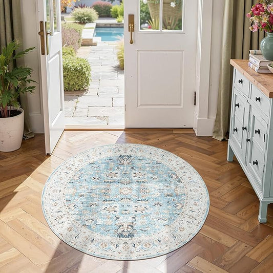 jinchan Round Rug 4ft Area Rug - Washable Boho Vintage Floral Circle 4' Round Floor Cover Lightweight Low Pile Thin Throw Non-Slip Carpet for Kitchen Living Room Bedroom Dining Room Office Light Blue
