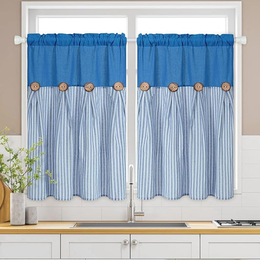 ASPMIZ Linen Kitchen Curtains 36 Inch Length, Farmhouse Kitchen Window Curtain Over Sink, Lake Blue Striped Short Curtains for Small Windows, Bathroom, Rod Pocket Window Treatment Tiers with Button