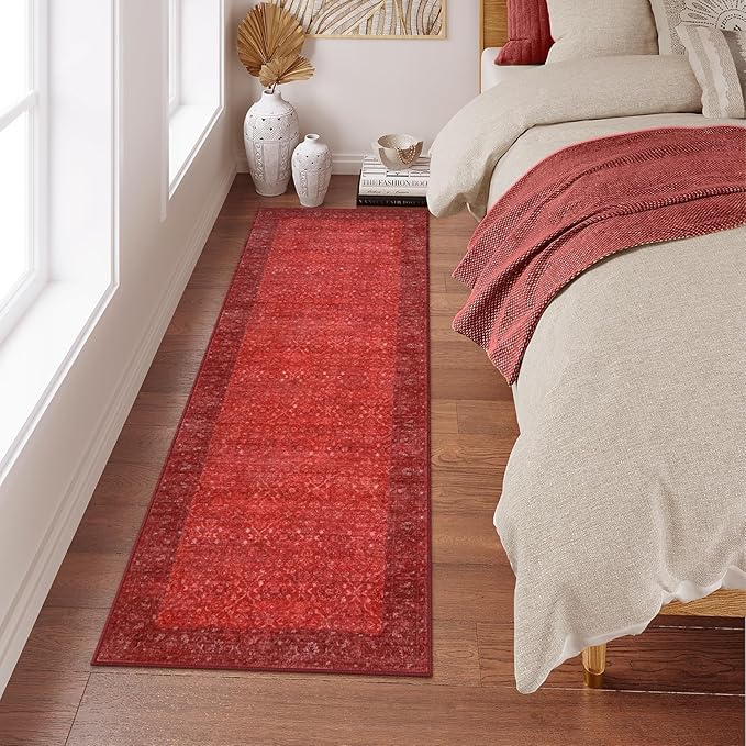 Hedlive Vintage Red Kitchen Runner Rug, 2x6 Runners for Hallways Non Slip, Washable Runner Rug for Bedroom Entryway, Ultra-Thin Carpet Runners for Laundry Room Bedroom Holiday Decor (2'x6', Red)