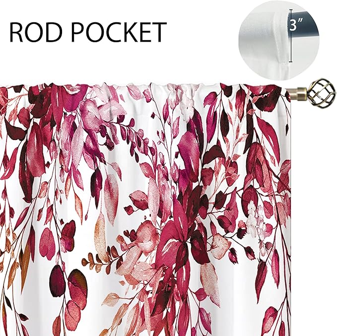 Burgundy Eucalyptus Small Kitchen Curtains Watercolor Red Leaves Window Treatment Flower Floral Plant Botanical Cafe Short Curtains for Bathroom Dining Fall Tier Treatment Drapes 26x36 inch