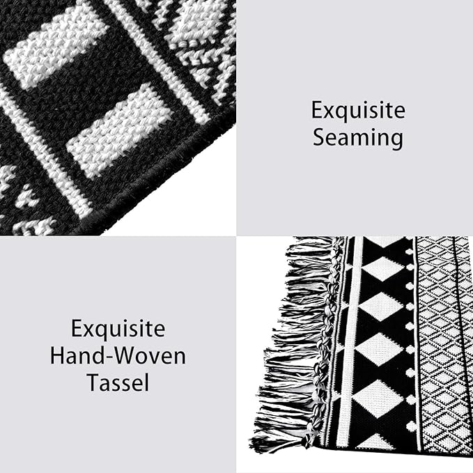 IOHOUZE Black Boho Area Rug - 4'x6' Cotton Woven Indoor Outdoor Doormat, Black White Runners for Hallways, Machine Washable Runner Rug for Kitchen Bedroom Living Room Laundry Entryway