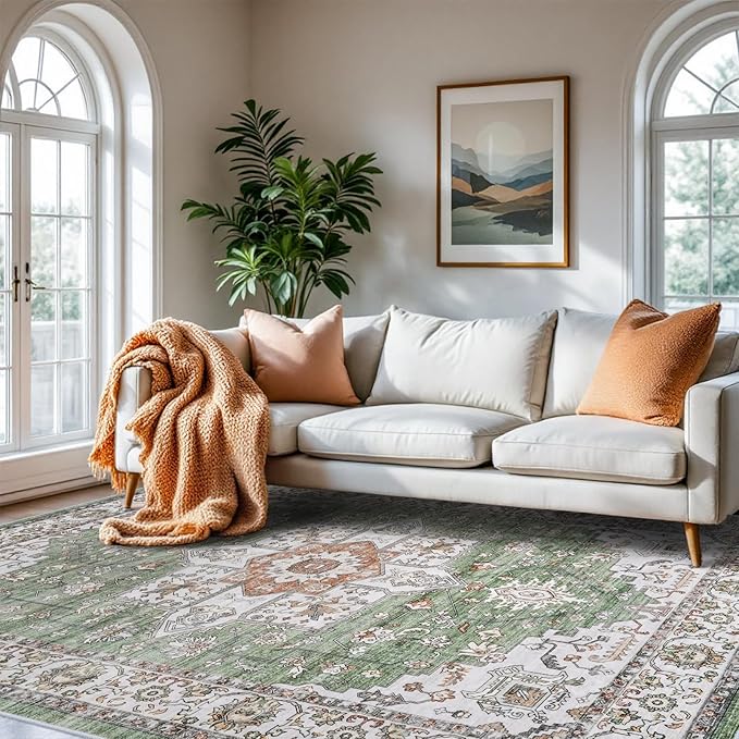 RUUGME Living Room 8x10 Area Rug - Soft Washable Area Rugs Stain Resistant Carpet Vintage Lightweight Rugs for Bedroom with Non Slip Backing Indoor Ultra-Thin Rugs Home Decor 8x10 Sage