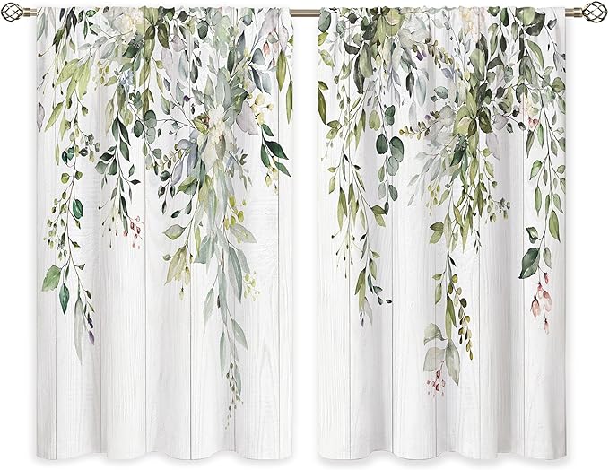 Rustic Wooden Eucalyptus Botanical Leaves Floral Kitchen Window Curtains Farmhouse Flower Leaf Small Treatment Sage Green Cafe Short Curtains for Bathroom Treatment Tier Drapes 26x45 inch