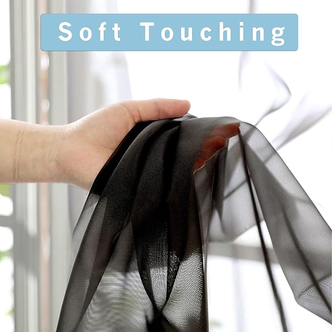 OWENIE Black Sheer Curtains, 45" Long Light Filtering Tiers for Kitchen, Basement, Bedroom - 2 Panels, Cafe Curtains for Small Windows, 42" W x 45" L