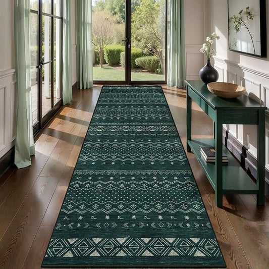 SERISSA Hallway Runner Rug, 2x10 Washable Non-Slip Dark Green Runners for Hallways, Soft Low-Pile Boho Geometric Indoor Long Carpet for Kitchen Entryway Laundry Bedroom Bathroom