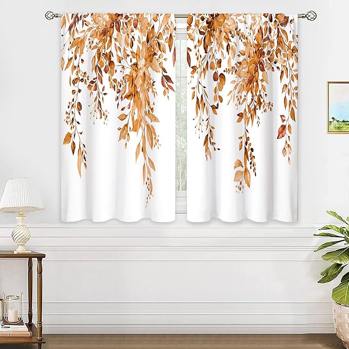Orange Eucalyptus Botanical Leaves Floral Kitchen Window Curtains Over Sink Farmhouse Flower Fall Small Window Treatment Cafe Short Curtains for Bathroom Treatment Tier Drapes 26x36 inch