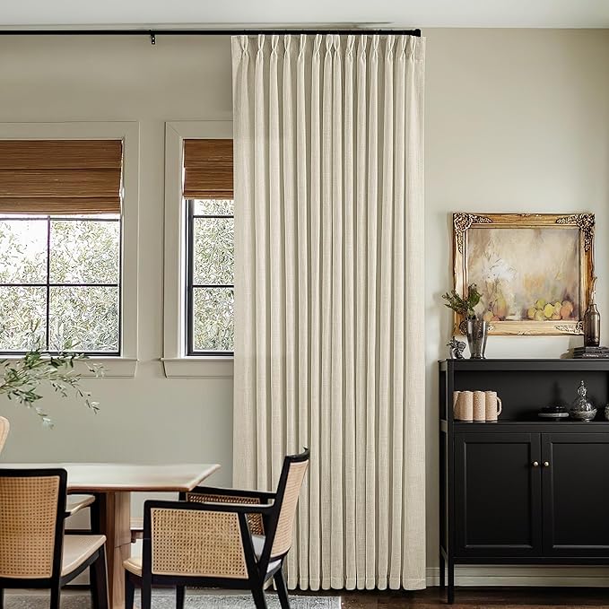 92 Inch Beige Linen Curtains 2 Panels Set Pinch Pleated for Living Room Bedroom Memory Training Shaped Semi Sheer Neutral Tan Flax Burlap Pleat Drapes Hooks Rings Light Filtering Window Curtain