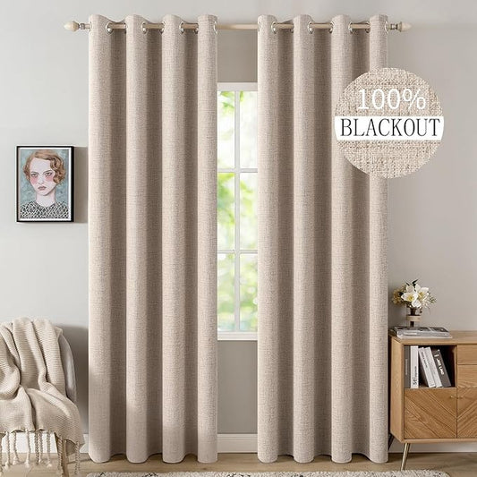 MIULEE 100% Blackout Linen Textured Curtains for Bedroom Solid Thermal Insulated Natural Beige Grommet Room Darkening Curtains & Drapes Luxury Decor for Living Room Nursery 52 x 78 Inch (2 Panels)