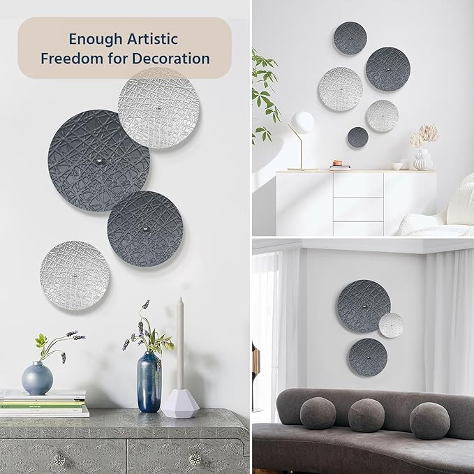 Silver and Gray Metal Wall Decor for Living Room, 7PCS Hanging Wall Art Sculptures for Office Dining Room Decoration, Modern Silver Home Decor for Apartment Bedroom New Home Gift