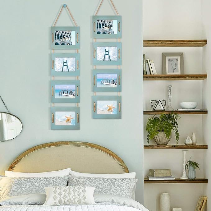 DLQuarts 5x7 Hanging Collage Picture Frames Wall Decor, 4-Opening 5x7 Matted to 3.5x5 Photo Rustic Wood Frame with Hemp Rope, 2 Pack, Ocean Blue