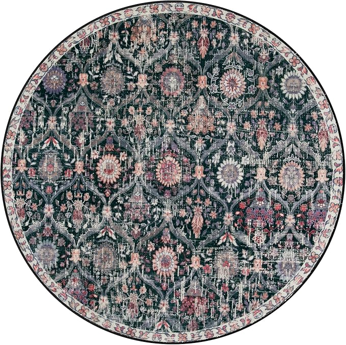 Lahome Moroccan Trellis Washable Round Area Rug, Round Rug 5ft Soft Non-Slip, Non-Shedding Distressed Circle Carpet for Bedroom Living Room Bathroom Nursery Kitchen Elise, Black/Multi