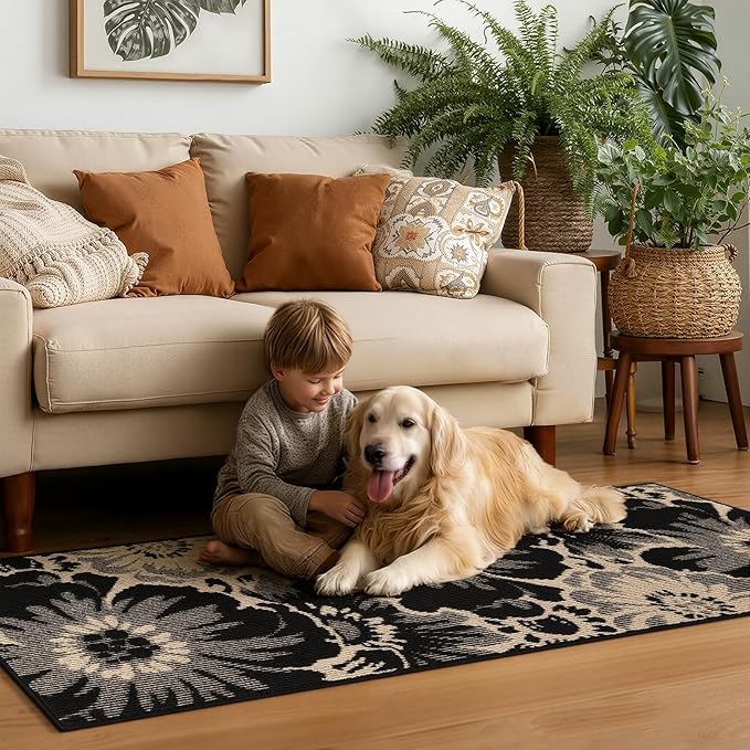 Findosom Hallway Runner Rug 2x8, Non Slip High-Low Textured Floral Washable Runner Rug with Rubber Backing, Boho Carpet Runner for Kitchen, Entryway, Bedroom, Laundry, Black & Beige