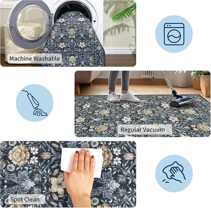 GarveeHome Area Rugs 8x10 for Living Room, Floral Large Washable Rug Soft Non Slip Carpet Indoor Thin Accent Rug for Bedroom Dining Room Playroom Nursery Home Decor