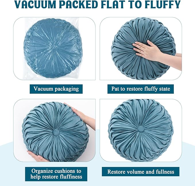 Drydiet 1 Pcs Round Throw Velvet Pillows Decorative Pleated Throw Pillows 15'' Diameter Accent Pumpkin Boho Chair Cushion for Couch Sofa Home Decoration (Dusty Blue)
