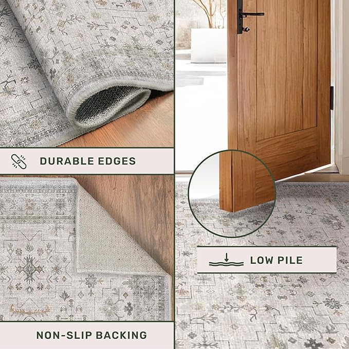Hazo Haus Boho Light Grey 5x8 Living Room Rug - Modern Vintage Eclectic Floral Pastel Neutral Taupe, Washable Low Pile Non-Slip Large Area Rugs for Nursery Dining Under Table Bedroom Lounge