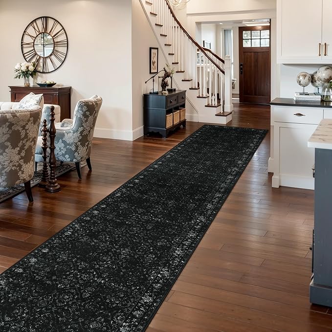 Hedlive Vintage Black Runners for Hallways 12ft, Long Washable Runner Rug for Entryway Non Slip, Ultra-Thin Soft Carpet Runners for Kitchen Indoor Entry Bedroom (2'6"x12', Black)