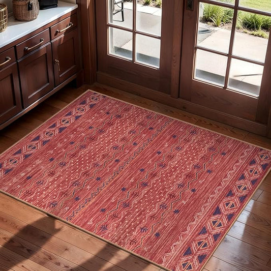 SERISSA 2x3 Rugs for Entryway, Washable Non-Slip Red Ochre Small Area Rug, Soft Low-Pile Boho Geometric Indoor Entry Rug Door Mat Indoor Entrance Front Door Carpet for Bathroom Kitchen Bedroom