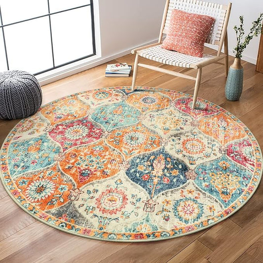 Lahome Moroccan Trellis Round Area Rugs, Washable Small Round Rug 3ft Non-Slip, Soft Vintage Ultra-Thin Circle Carpet for Bedroom Entryway Kitchen Laundry Bathroom Elise, Cream/Multi