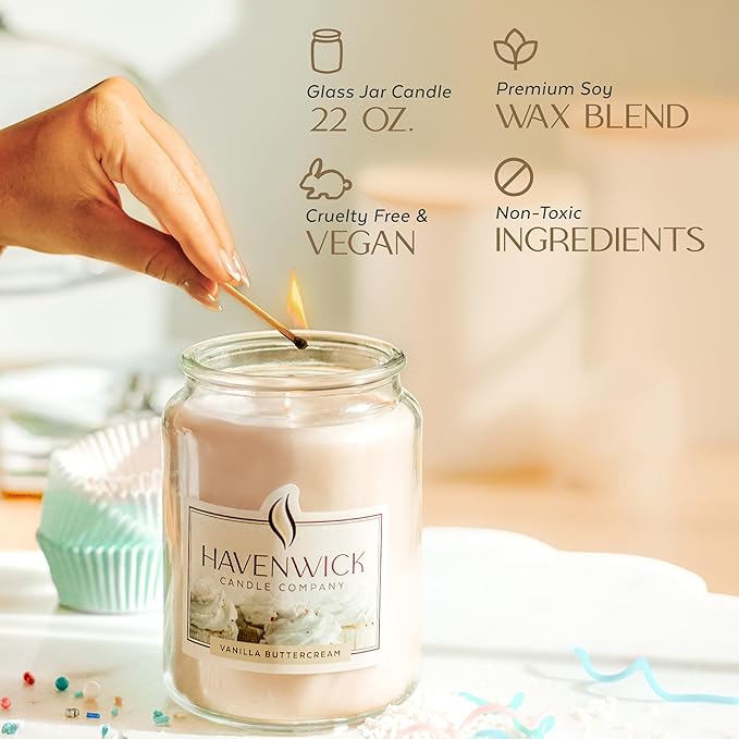 Havenwick Vanilla Buttercream Soy Blend 22-oz Large Jar Candle, Long Lasting 110-130 Hour Burn Time with Single Cotton Wick, Relaxing Scented Candles for New Home Gift & Housewarming Parties