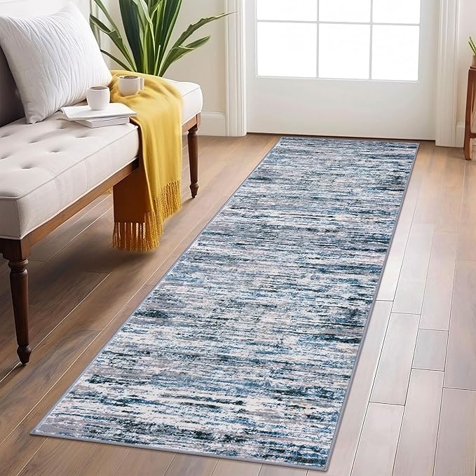 Lansny Modern Abstract Runner Rug 2x6, Grey Blue White Washable Kitchen Runner Non-Slip Soft Hallway Rug Runner Thin Print Faux Wool Carpet for Entryway Bedroom Laundry Room Indoor Home Decor