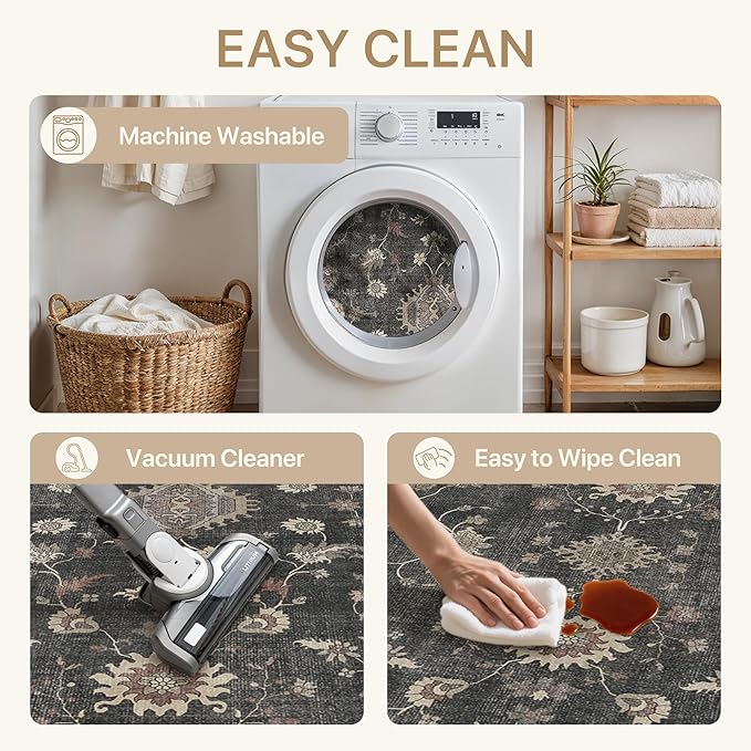 GENIMO Runner Rug for Hallways Machine Washable, 2x5 Non Slip Boho Vintage Lightweight Washable Runners, Thin Floor Rugs for Entryway Hallway Bathroom Laundry Room Corridor, Charcoal Brown