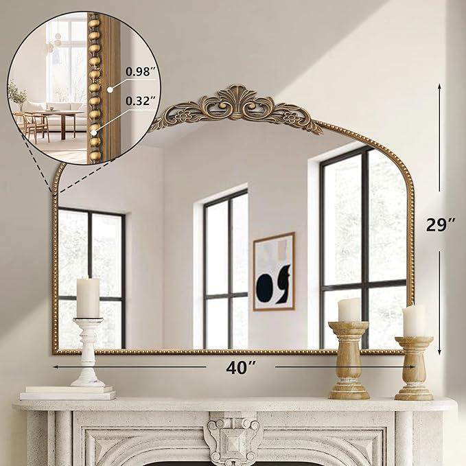 Micasso Large Gold Antique Mirror: 40"x29" French Baroque Arched Mirror - Traditional Ornate Vintage Mirrors for Wall/Mantel/Entryway/Bathroom/Hallway - Home Decor for Living Room