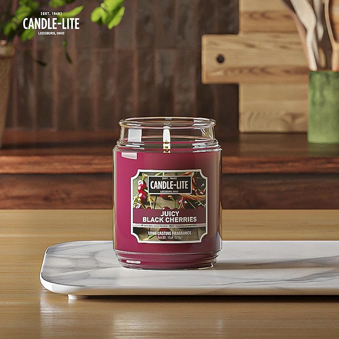 CANDLE-LITE Scented Juicy Black Cherries Fragrance, One 18 oz. Single-Wick Aromatherapy Candle with 110 Hours of Burn Time, Dark Red Color, Jar