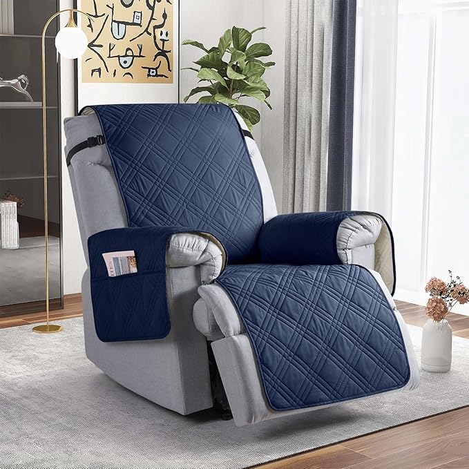 TAOCOCO Waterproof Recliner Chair Cover for Large Recliner, Oversized Recliner Covers for Recliner Chair with Pocket, Recliner Slipcover Furniture Protector for Kid Pets(28'', Navy Blue)