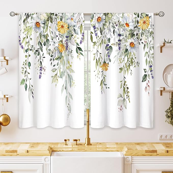 Green Daisy Sunflower Eucalyptus Botanical Leaves Floral Window Curtains Flower Plant Wildflower Farmhouse Curtain Drapes Herb Curtains for Bedroom Living Room Treatment 42Wx45H Inch