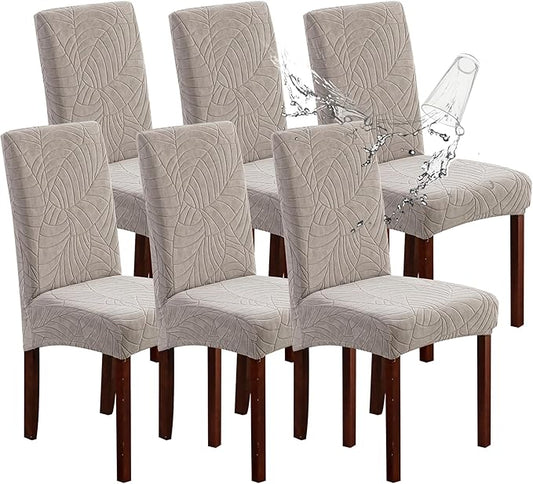 Genina Waterproof Chair Covers for Dining Room 6 Pack, Stretch Jacquard Dining Chair Cover Removable Washable Chair Protectors Cover for Kitchen, Home (Leaves-Warm Gray, 6 PCS)