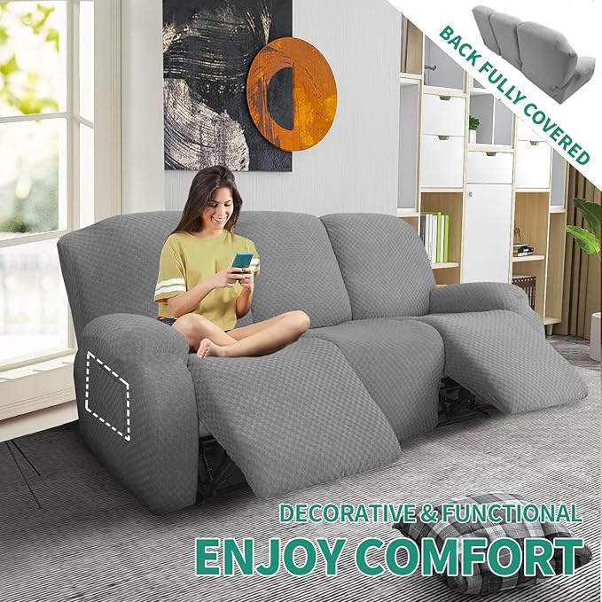 YEMYHOM 8 Pieces Stretch Recliner Sofa Cover Latest Jacquard Reclining Couch Cover with Side Pocket Anti-Slip Fitted 3 Cushion Furniture Slipcovers with Elastic Bottom (Sofa Recliner, Light Gray)