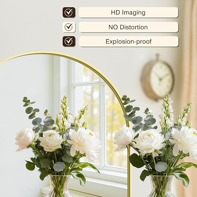 Vanity Bathroom Mirror for Wall, 40"x30" Arched Bathroom Mirror for Over Sink, Arched Metal Frame for Bedroom, Living Room, Entryway, Hanging or Leaning, Gold