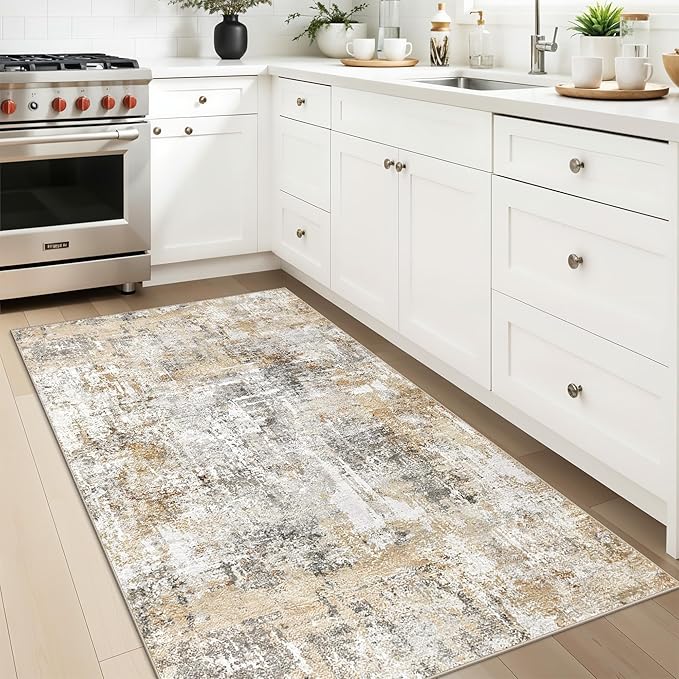 Washable 3x5 Entryway Rug - Non-Slip Soft Low-Pile Thin Small Area Rugs for Kitchen Bedroom Living Room Hallway – Modern Abstract Neutral Door mat Indoor （Gold Grey）