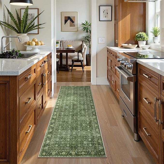 Hedlive Vintage Green Washable 2x6 Runners for Hallways, Boho Kitchen Runner Rug Non Skid, Soft Low Pile Floor Carpet for Entry Bathroom Bedside High Traffic Area (2'x6', Green)
