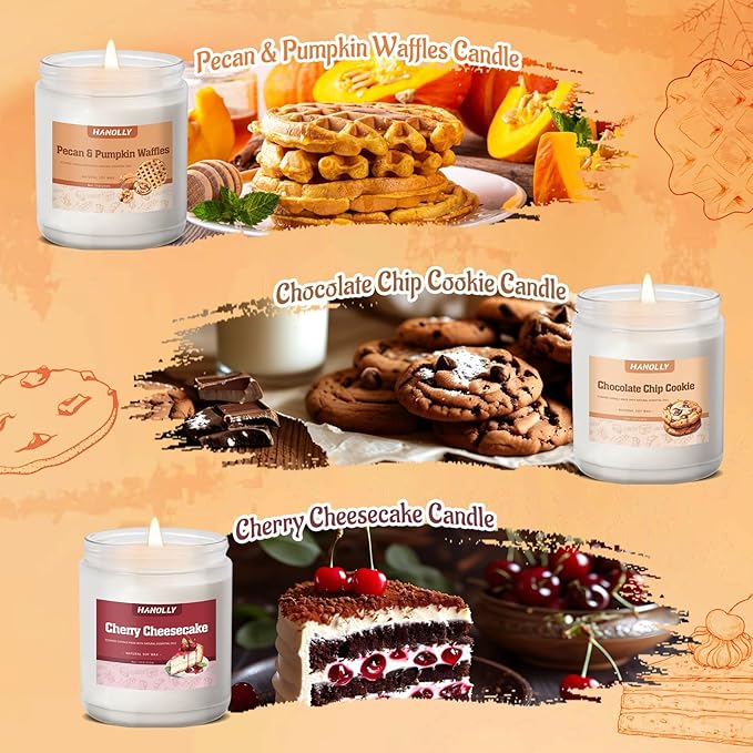 Bakery Candles Set, 6 Pack Fall Winter Candles for Home Scented, Candle Gift Set,Soy Wax Long Lasting Jar Candle of Pumpkin Pie, Coffee Cake,Gingerbread,Chocolate Cookie,Cherry Cheesecake Aromatherapy