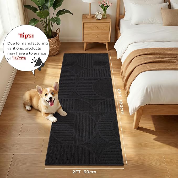 Findosom Washable Runner Rug 2x6, Geometric High-Low Textured Non Slip Hallway Runner Rug with Rubber Backing, Boho Carpet Runner for Kitchen, Bedroom, Laundry, Entryway, Bathroom, Black