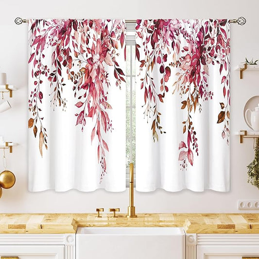 Burgundy Eucalyptus Small Kitchen Curtains Watercolor Red Leaves Window Treatment Flower Floral Plant Botanical Cafe Short Curtains for Bathroom Dining Fall Tier Treatment Drapes 26x24 inch