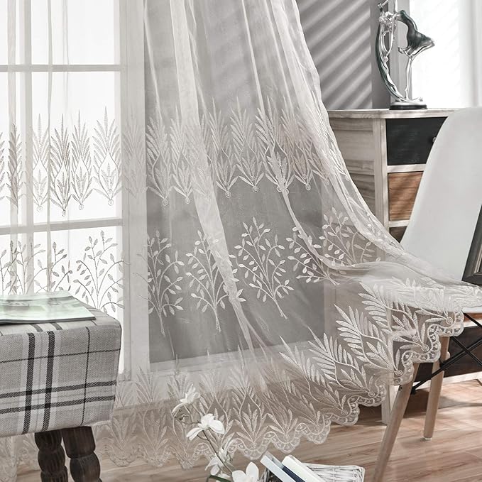 DONREN Luxury Beige Sheer Curtains for Living Room - Leaf Embroidery Sheer Curtain Panels for Bedroom (W 52 x L 96 Inch,2 Panels)