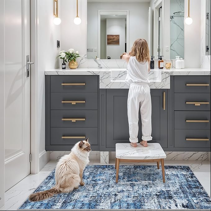 2x5 Washable Kitchen Runner Rug – Non-Slip Rubber Backing Low-Pile Soft Small Rug for Hallway Bathroom Bedroom Entryway Laundry Room – Modern Neutral Abstract Thin (Navy Blue)
