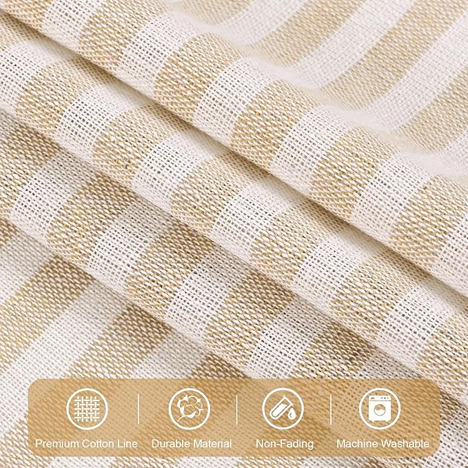 ASPMIZ Boho Linen Kitchen Curtains 36 Inch Length, Farmhouse Kitchen Window Curtain Over Sink, Khaki Striped Short Curtains for Small Windows, Bathroom, Rod Pocket Window Treatment Tiers with Button