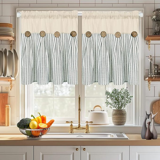 ASPMIZ Cotton Linen Kitchen Curtains 24 Inch Length Tier Curtain for Small Window Treatment, Boho Button Half Window Curtain Farmhouse, Green Stripe Rod Pocket Short Curtains for Window, 2 Panels