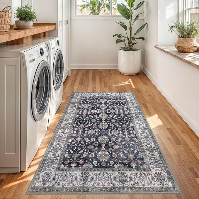 KUTA 3x5 Rugs for Entryway, Vintage Floral Area Rug Washable Non-Slip Grey Black Beige Ultra Thin Soft Printed Distressed Entry Low-Pile Throw Carpet for Bedroom Nursery Living Room