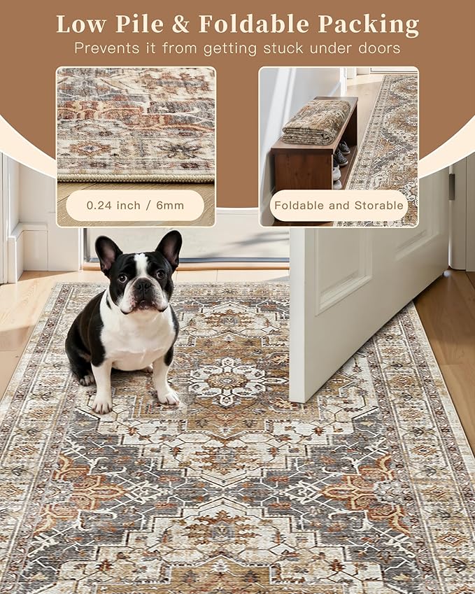 Madane Hallway Runner Rug 3x18 - Kitchen Rugs 18ft Washable Entryway Rug Vintage Kitchen Runners Non Slip Indoor Area Rug Farmhouse Carpet Runner for Bathroom Living Room Bedroom, Turmeric/Grey