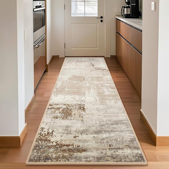 HOMORE 2x8 Runner Rug for Kitchen Hallways Runners Rugs, Beige Long Rug Non Slip Washable Rugs for Entrway Soft Abstract Carpet for Entrance Bedroom Living Room Bathroom