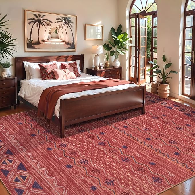SERISSA 5x7 Area Rugs for Living Room, Washable Non-Slip Red Ochre Boho Rug, Soft Low-Pile Geometric Indoor Large Carpet for Dining Room Bedroom Home Office Playroom