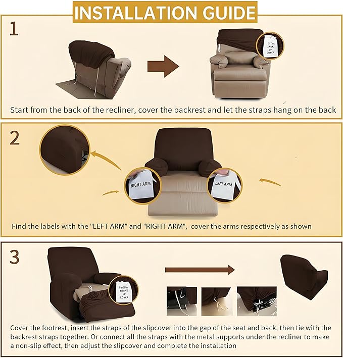 YEMYHOM 4 Pieces Stretch Recliner Slipcover Latest Jacquard Recliner Chair Cover with Side Pocket Anti-Slip Fitted Recliner Cover Couch Furniture Protector with Elastic Bottom (Recliner, Light Coffee)