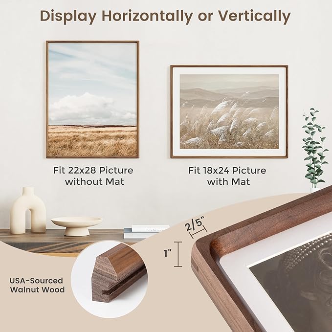 22x28 Poster Frame, USA-Sourced Walnut Wood Picture Frame with HD Tempered Glass, Handcrafted Rounded Corner 22 x 28 Wooden Frames Matted to 18x24 Photos, Horizontal or Vertical Wall Display