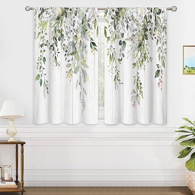 Rustic Wooden Eucalyptus Botanical Leaves Floral Kitchen Window Curtains Farmhouse Flower Leaf Small Treatment Sage Green Cafe Short Curtains for Bathroom Treatment Tier Drapes 26x45 inch